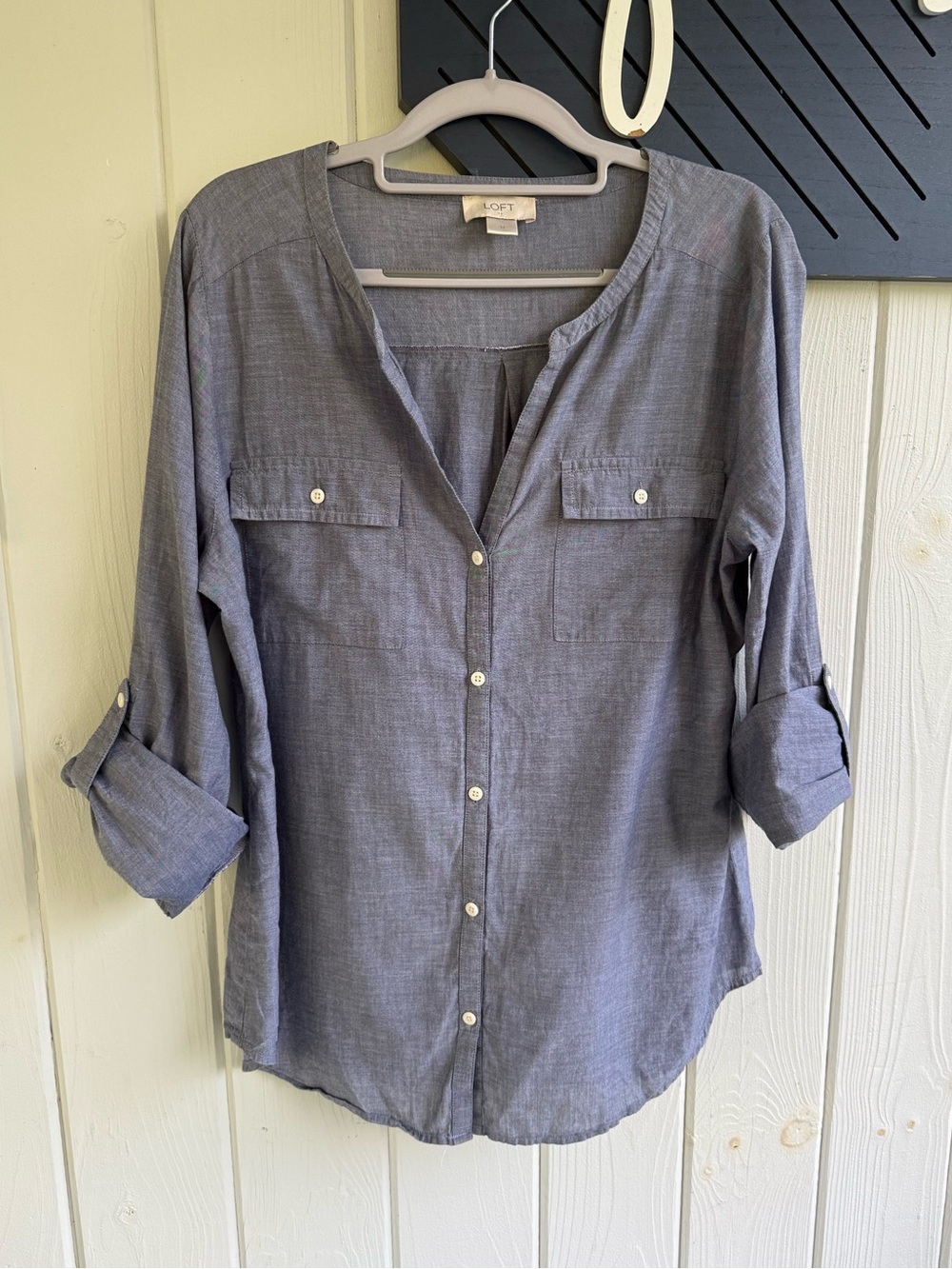 LOFT Chambray Button-Front Roll-Tab Blouse in Light Blue